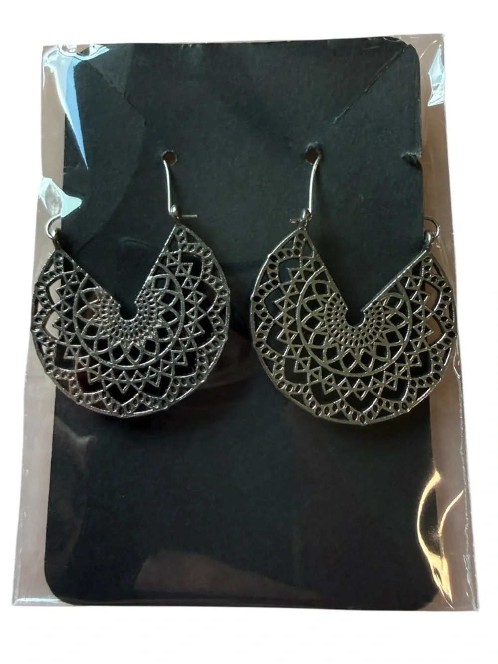 NWT Silver Boho Filigree Mandala Fan Drop Earrings Geometric Statement